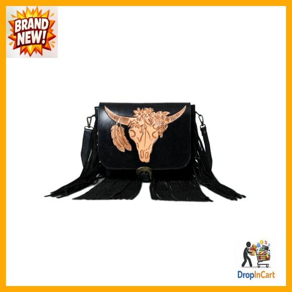Hand-Tooled Leather Crossbody Bag Boho Fringe Adjustable Strap Rugged Chic